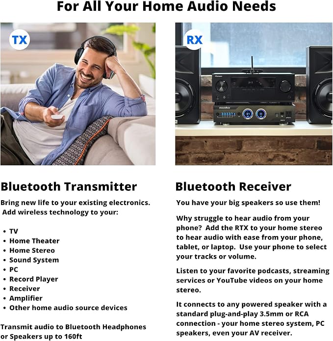 Long Range Bluetooth Transmitter or Receiver, Audio Only for TV PC Stereo, Connect Speaker, Headphones, Phone, aptX Low Latency Wireless Adapter, Listen in HD No Delay Optical RCA 3.5mm (Home RTX 2.0)