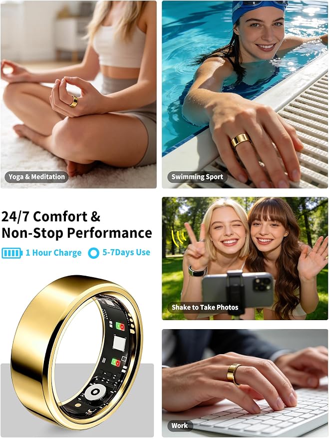 Smart Ring for Women Men Fitness Tracker Heart Rate Sleep Trends 128 Sports Modes Gesture Control Cycle Tracking IP68 Waterproof No Subscription Compatible with iPhone Android (Gold, Size 10)