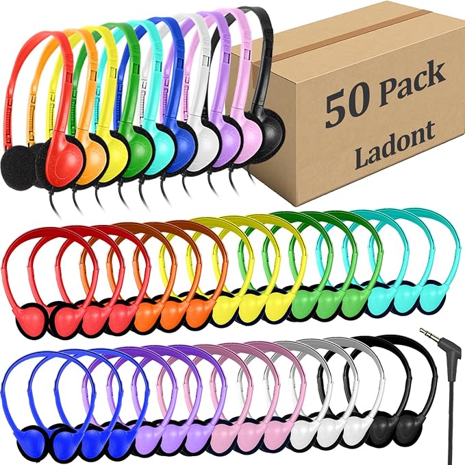 50 Pack Bulk Classroom Headphones for Kids Students School, Multi Color Wired Headphones for Kids Children, 3.5mm Jack for Chromebook Laptop PC Computer