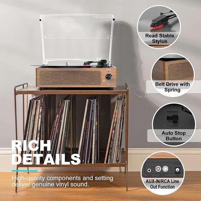 Vintage Record Player for Vinyl with Speakers Retro Turntable BT Wireless Bluetooth LP Phonograph Belt-Driven Turn Table Support 3-Speed 3 Size Headphone AUX-in RCA Wooden Grain Light Brown