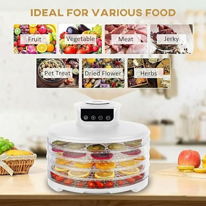 Food Dehydrator DryLite 245W – 5 Tray Adjustable, BPA-Free – 4-Hour Quick Drying, Even Heat, Easy Temp Control – Fruit, Veggie, Meat Jerky Maker (White)