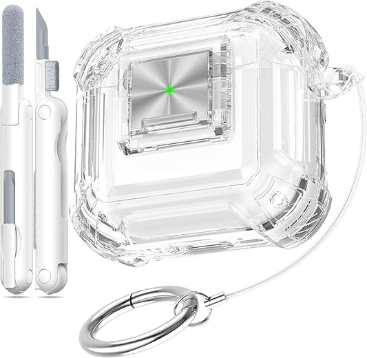 RFUNGUANGO AirPods 4 Case Clear with Lock Cleaning Kit, Lanyard & Keychain, Support Wireless Charging, Compatible with Apple AirPods 4 Case (2024) for Women Girl, Transparent White
