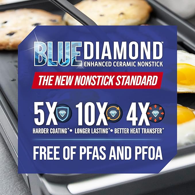 Blue Diamond XL Electric Griddle, 10" x 20" Ceramic Nonstick Surface, Temperature Control, Warming Drawer, Removable Drip Tray, Flat Top Grill/Griddle, Breakfast, Burger, Eggs, Easy Clean, Graphite