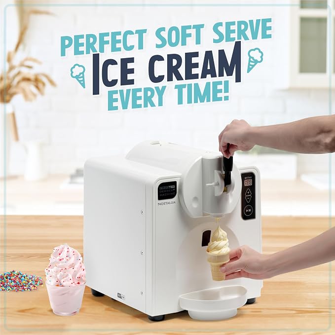 Nostalgia Easy-Dispensing Soft Serve Ice Cream Machine - Ice Cream Maker for Frozen Yogurt, Sorbet, Gelato, Drinks, and More in Minutes - LED Display - 1 Quart - WHITE