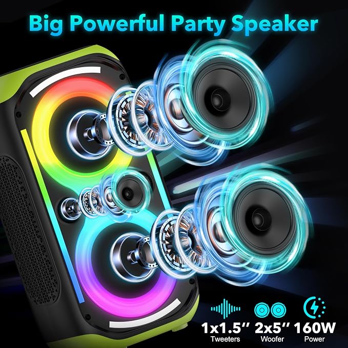 Bluetooth Speaker 160W Loud Wireless Outdoor Portable Big Powerful Deep Bass Sound TWS Large Home Party Speakers with Subwoofer LED Lights