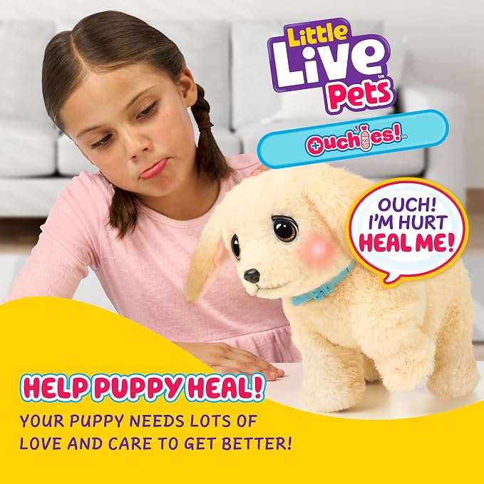 Little Live Pets Ouchies Cooper The Retriever Puppy, 50+ Sounds, Limping to Walking Puppy Toy with Vet Carrier, Interactive Toy Dog for Kids Ages 5+