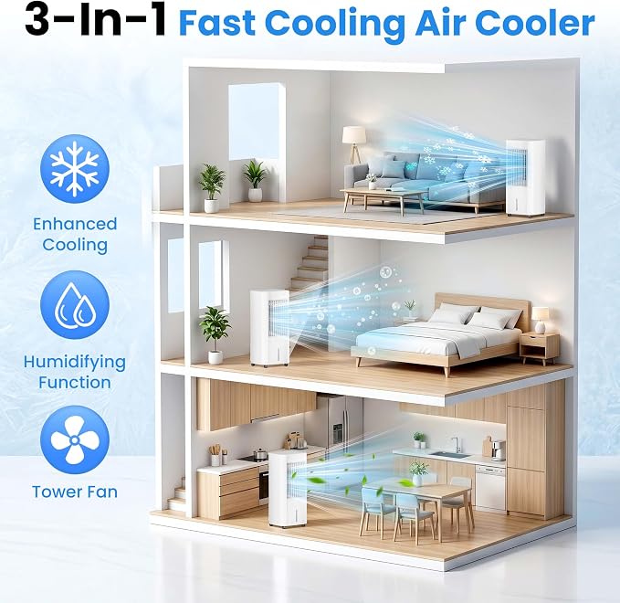 COWSAR Evaporative Air Cooler, 3-in-1 Portable Air Conditioners with Remote, 3 Modes & 3 Speeds, Portable Swamp Cooler with Rapid Cooling, 15H Timer, Air Cooler Fan for Bedroom Office