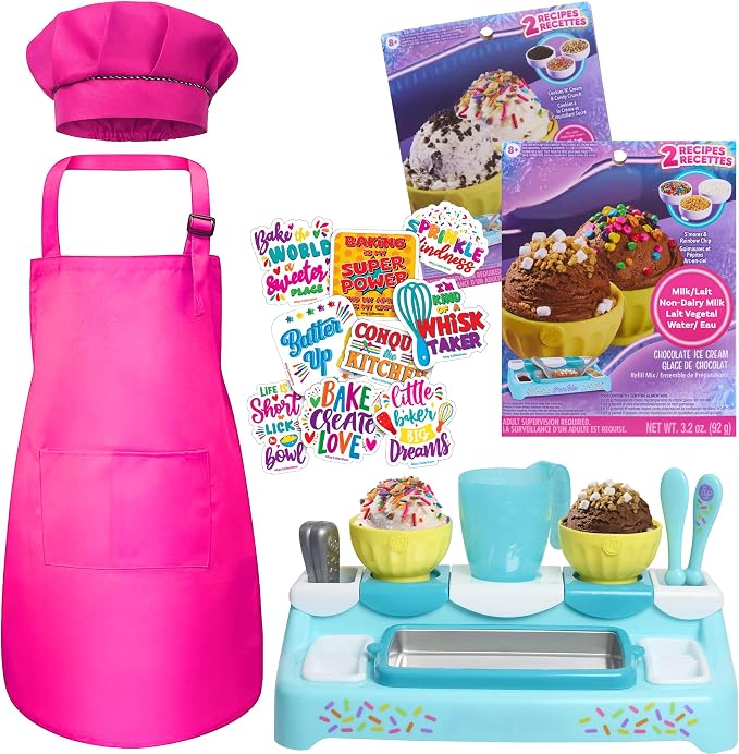 Ultimate Ice Cream Maker for Kids - Interactive Kitchen Playset for Children - Includes Freezing Tray, Bowls, Utensils, 2 Ice Cream Mixes, Apron, Hat, 9 Colorful Stickers (Heroic Hot Pink Bundle)