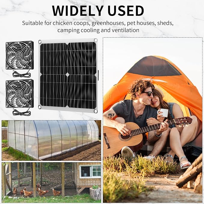 Riakrum 20W 16V Solar Panel Exhaust Fan Kit USB Portable Solar Powered Fan Summer Outdoor Waterproof Ventilator Fan for Chicken Coops, Greenhouses, Camping Exhaust (1 Set)
