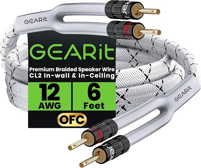 GEARit Speaker Cable with Banana Plugs White 12 Gauge 6 ft,Speaker Cable CL2 Rated 12AWG OFC,Heavy Duty Braided 12 Gauge Speaker Wire for Audiophiles,Hi-Fi Systems,Home Theater,Amplifiers & Speakers