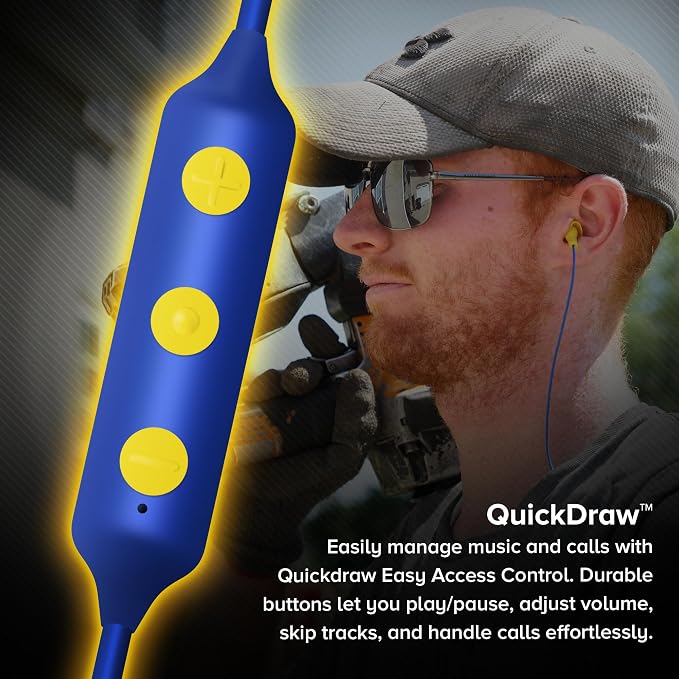 Plugfones Basic Pro Bluetooth Earplug Headphones for Work, Wireless in-Ear Safety Earbuds, 25dB NRR OSHA Compliant Hearing Protection with Noise Isolating Mic & Controls (Blue & Yellow)