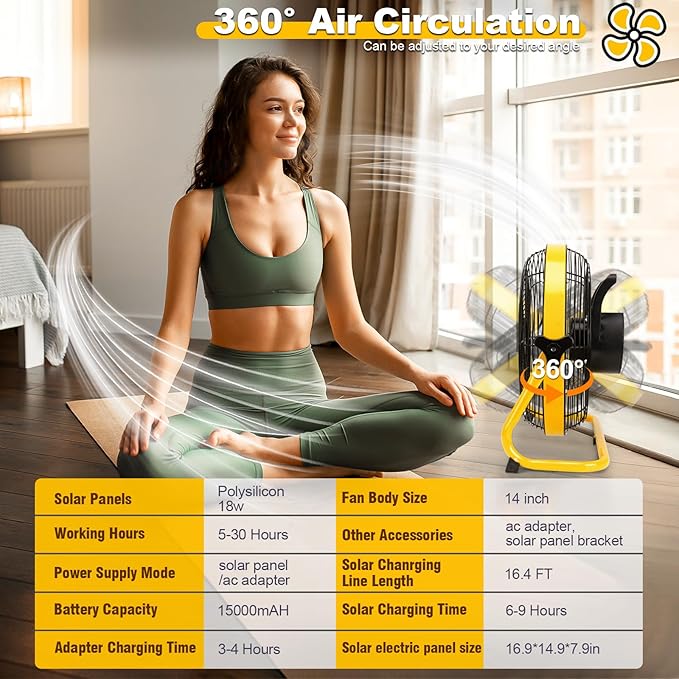 DBF 14" Solar Powered Fan, 15000 mAh Rechargeable Battery Operated Outdoor Floor Fan, 20W Solar Panel, 4-24H Runtime, 12 Speeds, Quiet, Cordless, For Outside Barn Home Outage, Yellow