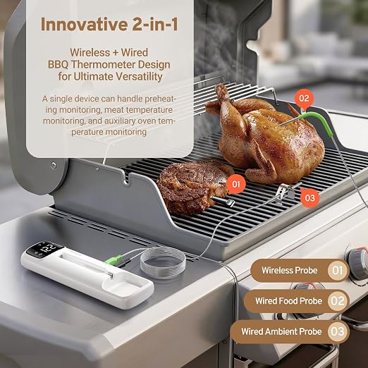 2-in-1 Wireless & Wired Probes, Wireless Meat Thermometer with Magnetic LED Display, Bluetooth Meat Thermometer for BBQ, Oven, Smoker, Food Thermometer Digital with Dual Sensors, 28 USDA Presets