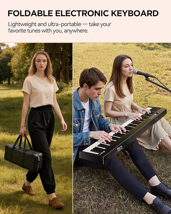 Rhymo 88 Key Portable Piano Keyboard, Semi-Weighted Folding Piano Full Size, Ultra Sound Upgrand Imitation Wood Texture Keyboard w/MIDI Bluetooth LCD Display Screen, Sustain Pedal for Beginners Adult