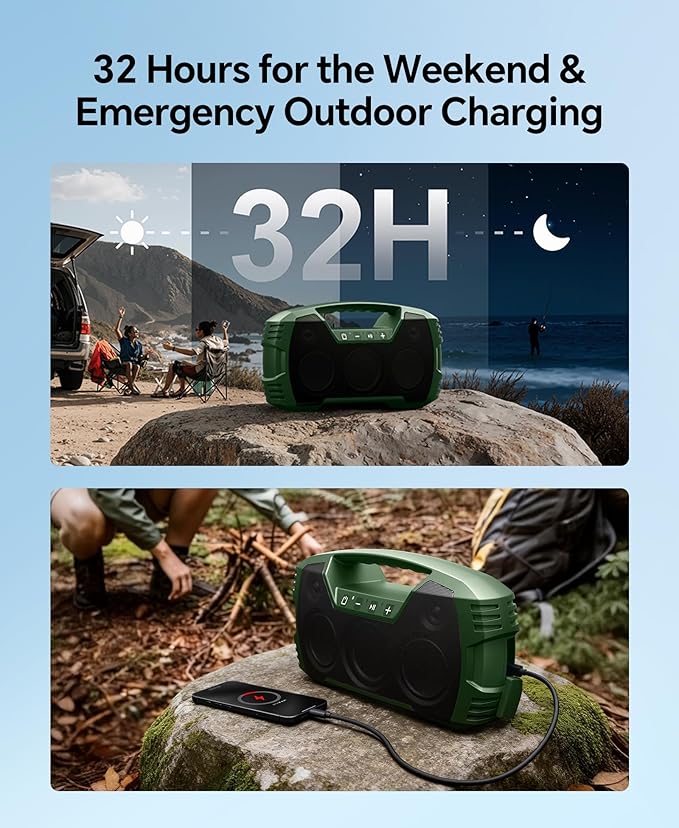 IPX7 Waterproof Outdoor Bluetooth Speaker, Wireless, 90W(Peak), 32H Playtime, Floating Design, Deep Bass & Loud Stereo Sound, Portable with Handle, Rugged for Pool, Beach, Kayaking, Hiking, Green