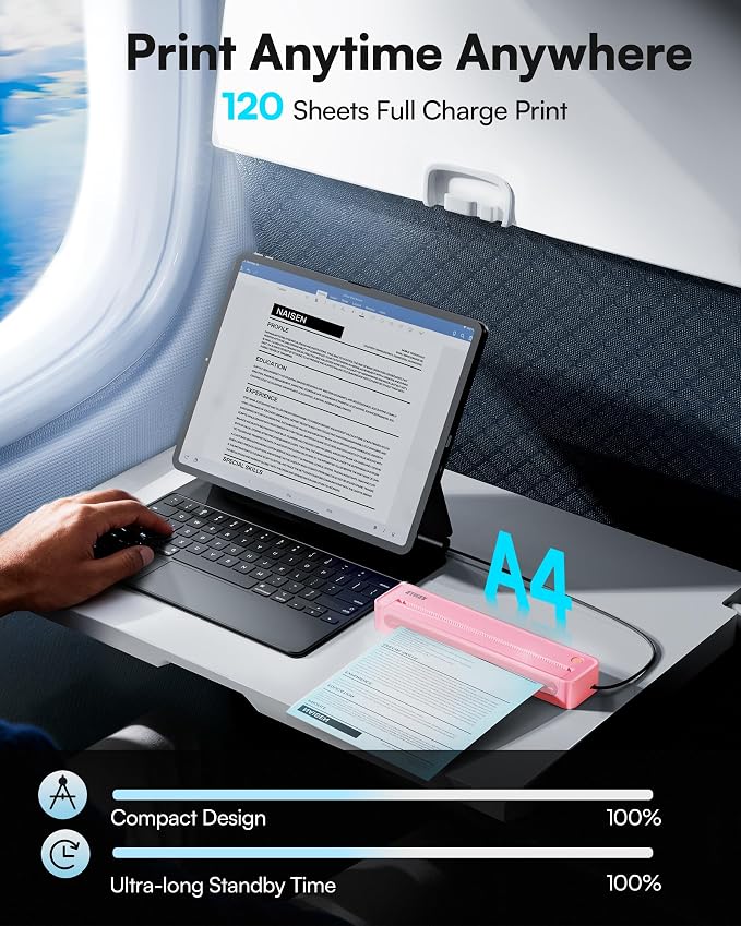 D90E Inkless Portable Printer for Travel, Supports 8.5 x 11 Inch Thermal Paper Wireless Thermal Printer Bluetooth, with Travel Case & 10 Sheets for Students, Office, School, Pink
