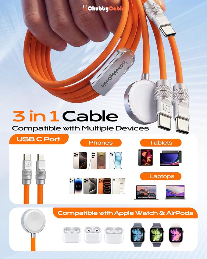chubbycable Tri-Flex 3 in 1 USB C Cable for Apple Watch Charger Silicone 100W Multi Charging Cable Fast Charge Compatible with iPhone 17-15 Series Apple Watch iPad MacBook AirPods, 4.1FT, Green