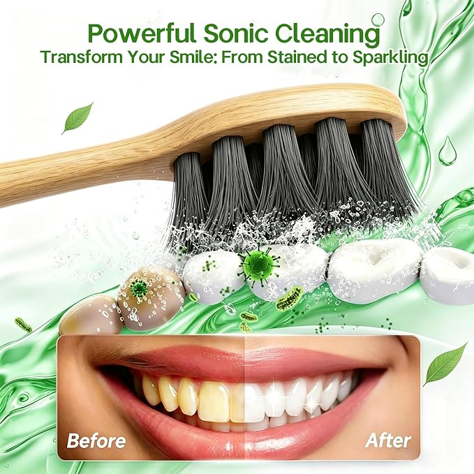 Natural Bamboo Electric Toothbrush for Adults - 4 Pack Bamboo Repalcement Brush Heads| 5 Cleaning Modes Long-Lasting Battery| PX7 Waterproof Rechargeable Toothbrush