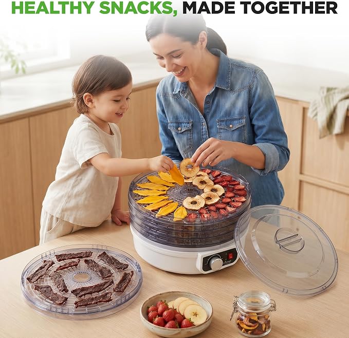 NutriChef Electric Countertop Food Dehydrator - Multi-Tier High-Heat Circulation Professional Food Preserver, Fruit, Vegetable Dryer, Meat or Beef Jerky Maker w/ 5 Stackable Trays - AZPKFD12