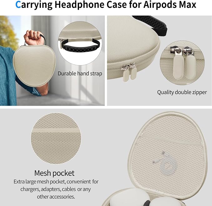 Hard Case for AirPods Max 2 Supports Sleep Mode, Travel Carrying Headphone Case with AirPods Max 2/1 Silicone Earpad Case/Ear Cups/Headband Cover, AirPod Max Protective Portable Storage Bag (Stone)