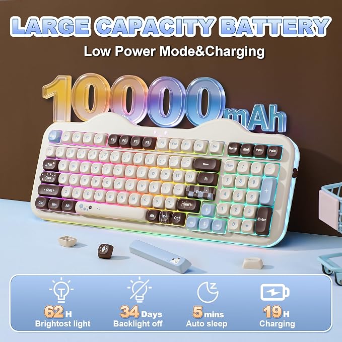 YUNZII C98 Wireless Mechanical Keyboard with Number Pad,98 Key BT5.0/2.4G/USB-C Hot Swap Gasket Mount with PBT MOA Keycaps,Custom RGB,Cute Cake Keyboard for Win/Mac (Choco, Candy Linear Switch)