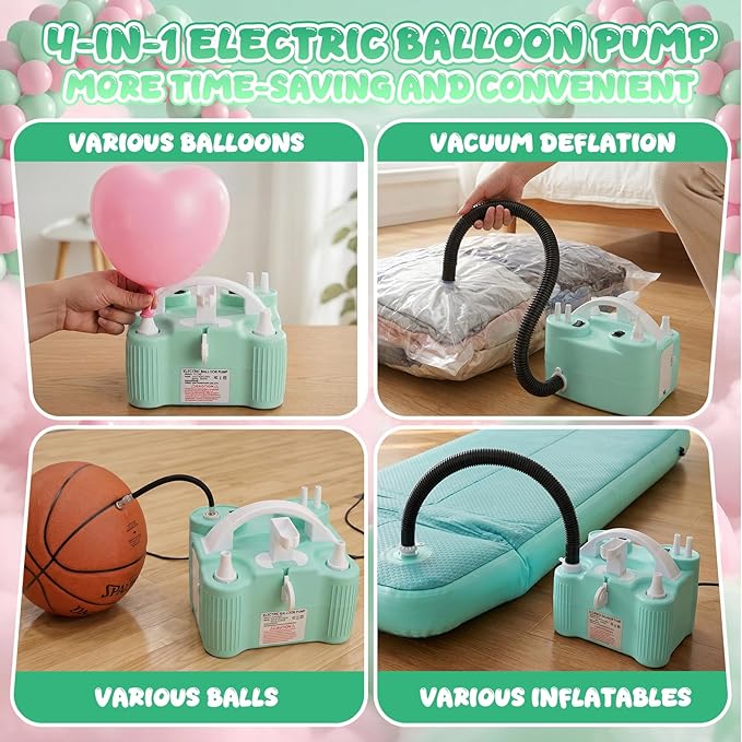 4-in-1 Electric Balloon Pump for All Balloons, Portable Triple Inflating Ports Air Pump, 600W High Power Balloon Blower for Latex Foil 260q Mylar Balloon, Air Beds Pool Float Sports Balls