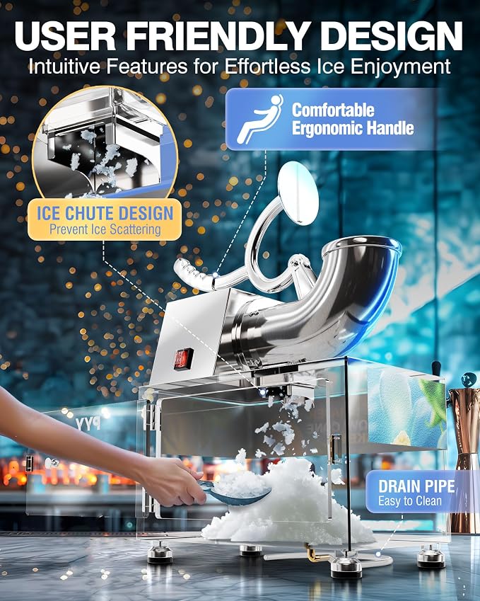 PYY Snow Cone Machine - Commercial Ice Crusher Shaver, Electric Crushed Shaved Snowcone Maker, Stainless Steel Full Body, Dual Blades, Acrylic Box and Drain Pipe, All-Copper Motor 440LBS/H