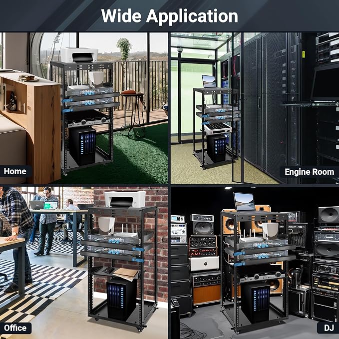 20U Server Rack w/ 2 Racks, Versatile Open Frame IT Rack - Wall-Mount, Rotate and Push w/Ease, AV Rack w/Top & Bottom Panels, Hook and Loop Straps for 19" Stereo/Data/IT/Computer Equipment