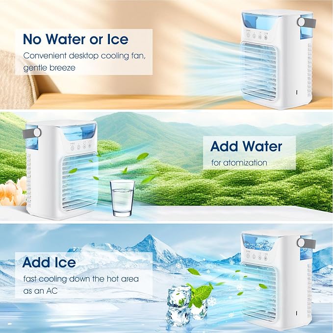 Portable Air Conditioner 4-in-1, Air Cooler with Humidifier, Desktop Cooling Fan, 700ML, 2 Cold Fog, 3 Automatic Timing, 7 Color Night Light