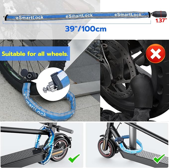Eseesmart Bike Chain Lock, Fingerprint Bike Locks Heavy Duty Anti Theft, 3.28 Feet Security Bike Locks with APP, Waterproof Smart Cable Lock for Bike, Bicycle, Scooter, Motorcycle, Door, Gate, Fence