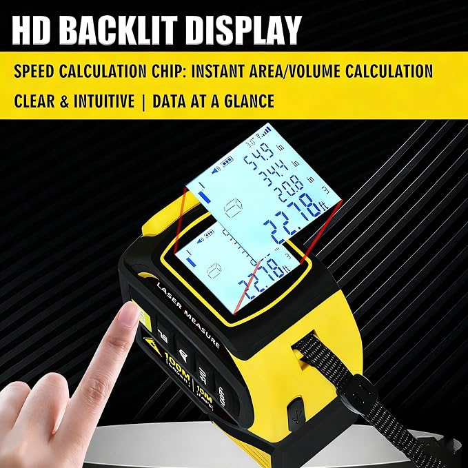 4-in-1 Laser Tape Measure 328FT, Digital Laser Distance Meter,16FT Steel Tape, Dual-Axis Electronic Angle & Crosshair Level,Area/Volume/Pythagorean,LCD Rechargeable Measuring Tool(Yellow)