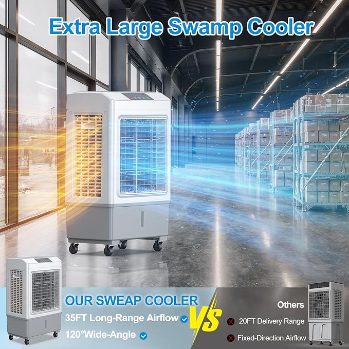 Windowless Swamp Cooler, 3 in 1 Evaporative Portable Air Conditioner with Remote, Cooling Fan Ac Unit,3 Speed, 24H Timer, 5.3 Gal Water Tank, 4 Ice Box for Garage, Patio, Bedroom Home Office Outdoor