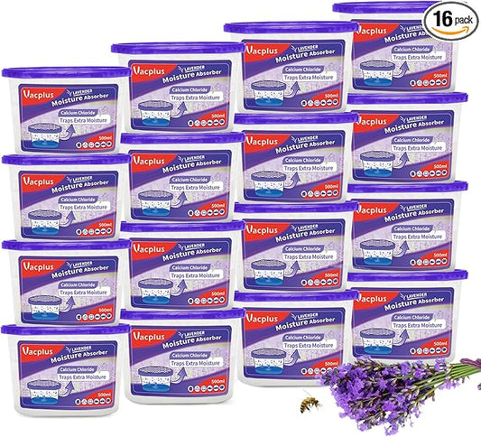Vacplus Moisture Absorbers, 10.5 Oz Humidity Absorber Boxes Attracts Extra Moisture from Your Bathroom, Closet, Kitchen & Study, Dehumidifier, Odor Eliminator for Closet (Lavender Scent), 16 Packs