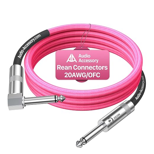 AA AUDIO ACCESSORY Right Angle Guitar Cable 6.6ft, Nylon Braided Kevlar-Reinforced, 20AWG 99.99% OFC 1/4 Instrument Cable, Dual Shielded Amp Cord for Fender Electric Guitar, Neon Pink