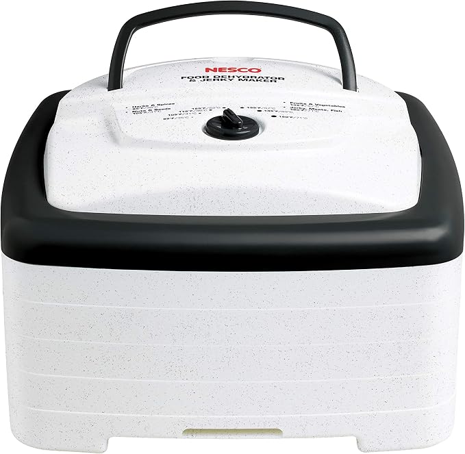NESCO FD‑80A Square Food Dehydrator for Snacks, Fruit, Beef Jerky, 4‑Tray White Electric Dehydrator with Even Heat Drying