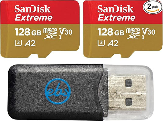 SanDisk Micro SDXC 128GB Extreme Memory Card (2 Pack) Works with DJI Drone Series Mini 4 Pro (SDSQXAA-128G-GN6MN) V30 A2 4K UHD UHS-I Bundle with (1) Everything But Stromboli MicroSD Card Reader