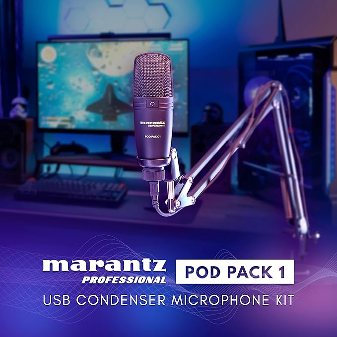 Marantz Professional Pod Pack 1 USB Condenser Microphone Kit for Gaming, Streaming and Podcasting with Built-In Audio Interface, Adjustable Boom Arm and Desk Clamp, Plug-and-Play