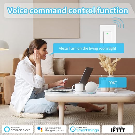 Smart Switch 3 Way Smart Alexa Light Switch Compatible with Alexa and Google Home, 2.4Ghz WiFi Light Smart Switch, Remote Control Light Switches,Neutral Wire Required (1)
