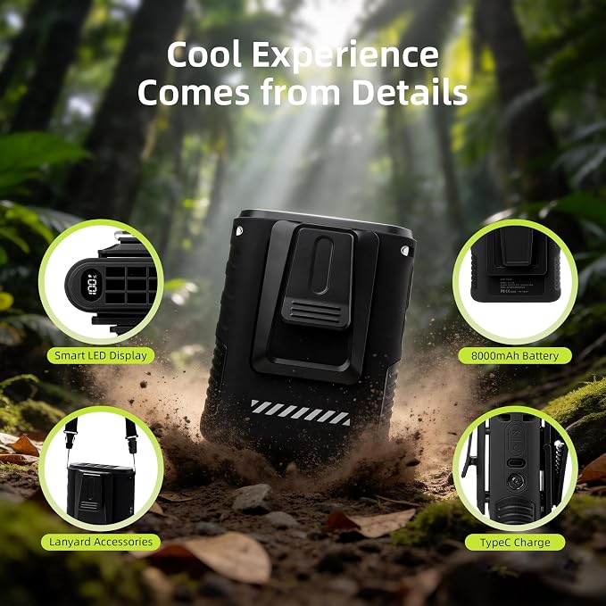 Portable Waist Fan with LED Display, 8000mAh Rechargeable Belt Fan with 5 High-Speed Winds & Flashlight, Shockproof Wearable Clip on Fan for Outdoor Work, Camping, Fishing, Black