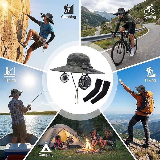 Sun Hat with Fan for Men & Women, Bucket Hat with Fan, UPF 50+ Cooling Hat with Sunblock Sleeves for Fishing,Hiking