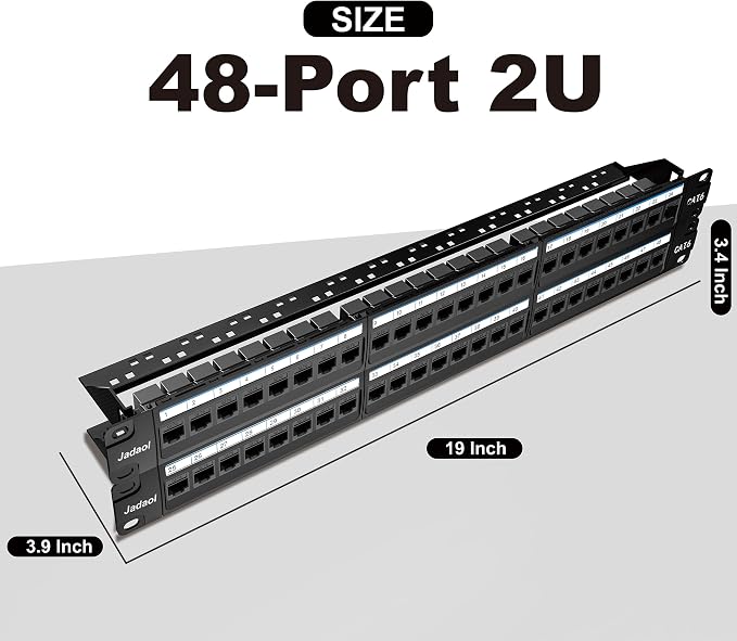 Jadaol [UL Listed] 48 Port Patch Panel Rackmount or Wall Mount 19-Inch, 2U Cat 6 Network Panel Preloaded with 48 Keystone Couplers Plus 2 Spare, 10Gbps Ethernet Panel with Cable Management & Back Bar
