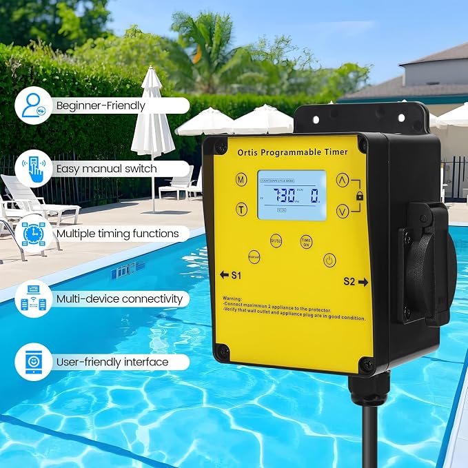 Ortis Above Ground Smart Pool Timer, Dual Waterproof Outlets for Pump & Salt System, Countdown & 24H Auto Cycle Modes, LCD Display, Outdoor Heavy-Duty Timer for Filters & Pumps