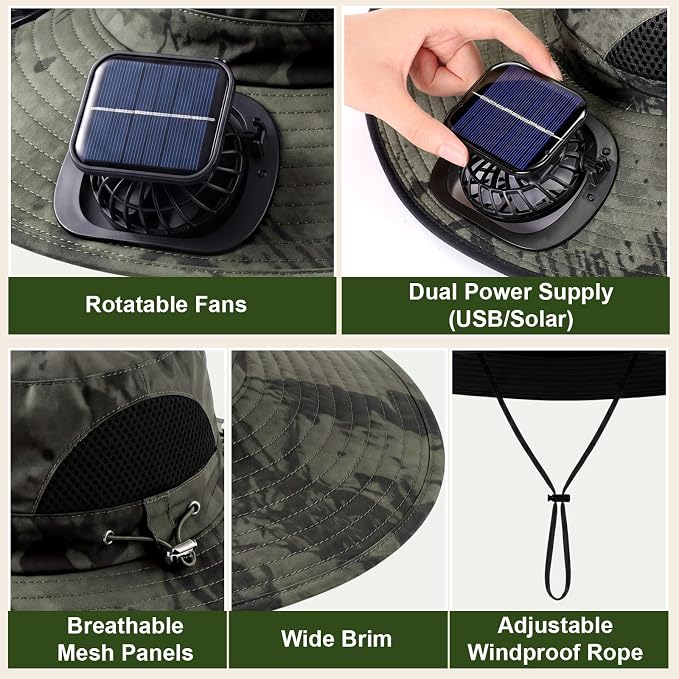 Syhood Solar Powered Fan Hat Neck Gaiter Arm Sleeves Sun Bucket Hat with Fan Cooling Wide Brim Hats for Fishing Hiking