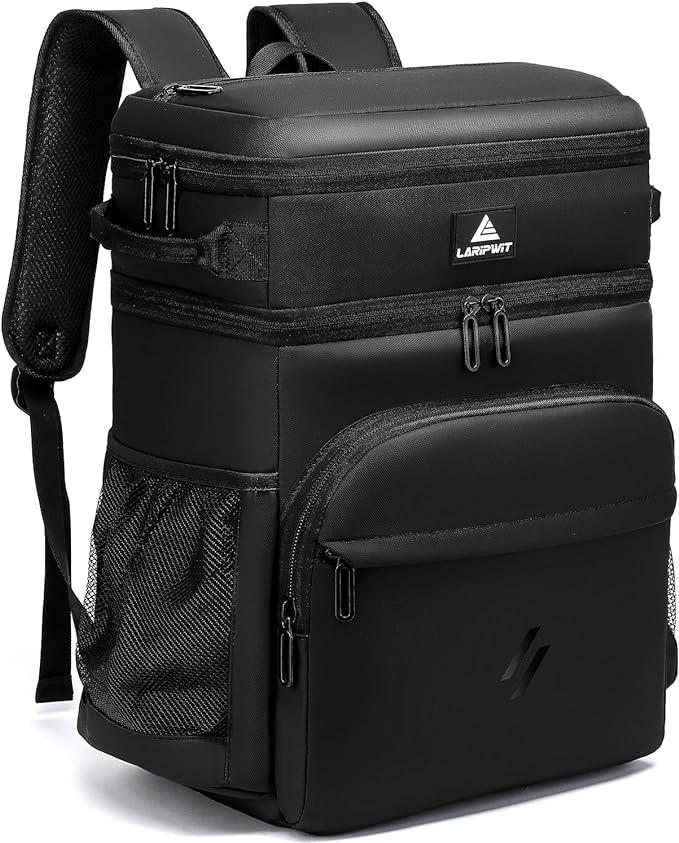 Laripwit Picnic Backpack Cooler Bag - 54 Cans Black Insulated Leak-Proof Lunch Backpack With Cooler Compartment, Large Double Deck Soft Bag for Beach, Camping, Travel