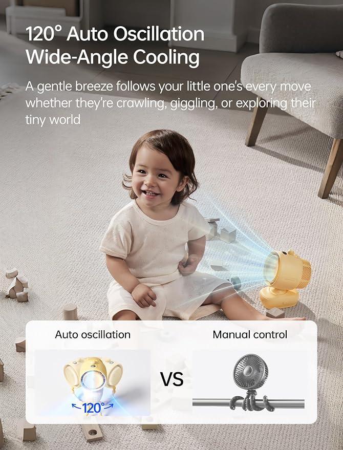 JISULIFE Chic Stroller Fan 2026 –Baby Cool Helper: Smart 120° Auto Oscillation with 100 Speeds, 21H Super-Long Battery, Portable Baby Fan for Crib, Stroller & Bedroom, Gift for Moms-Yellow(Quadpod)