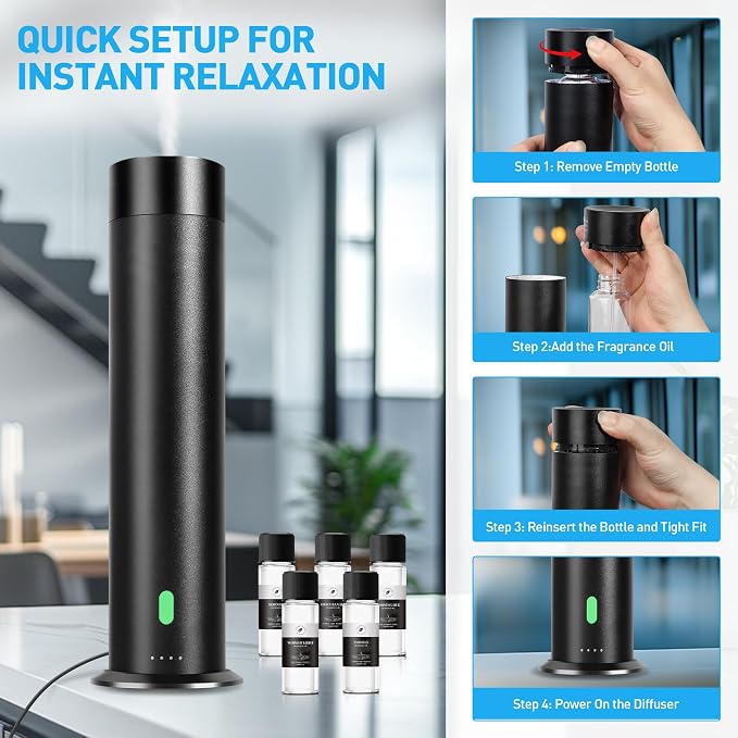 Waterless Scent Diffuser Starter Kit - 1000 Sq Ft Coverage, Hotel Scent Diffuser, Essential Oil Diffuser for Home & Large Room, Included 5 Scent Oils, Remote Control, Black, 11In