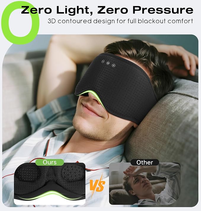 MUSICOZY Sleep Headphones with Bluetooth 5.4 Sleep Mask, Removable 3D Eye Cups for Zero Pressure Comfort, Wireless Bluetooth Eye Mask for Sleeping with Timer(Black)