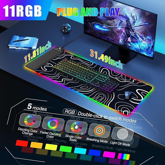 RGB Mouse Pad with Foldable Phone Stand & Wireless Charger, 31.5"x11.8" XL Gaming Mousepad Large Desk Mat, Desk Pad with Dual Charging for Phone & AirPods | 11 Colors & 5 Modes | Waterproof