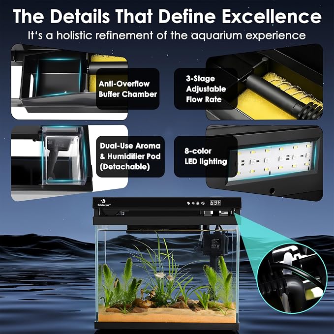 fishkeeper 2.3G Smart Aquarium - HD Glass Fish Tank Kits with Auto Feeder, Self-Cleaning Silent Filter Pump, Aromatherapy, Temperature Display & 7-Color RGB Lights for Desktop, Office, Room