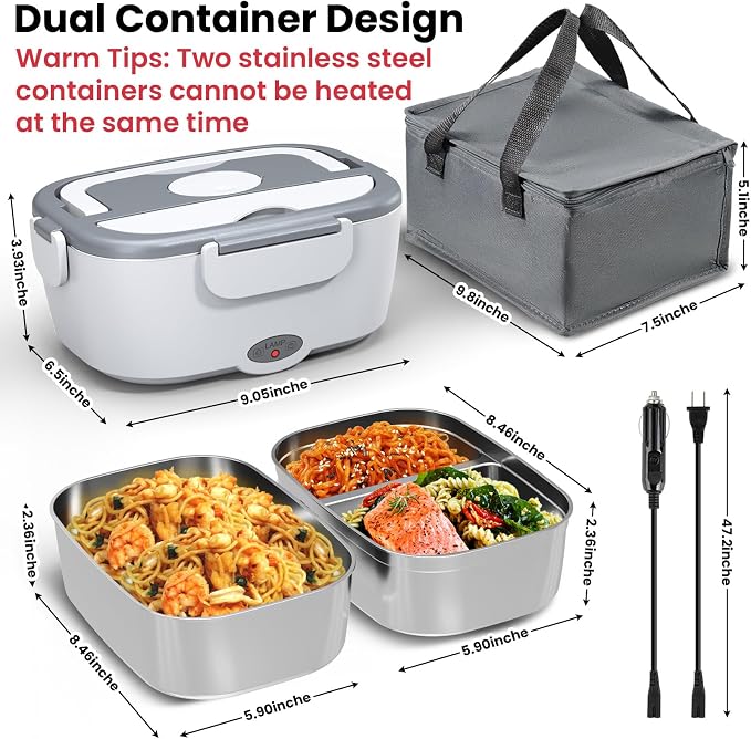 Sitlais Electric Lunch Box for Adults - Fast Heating Portable Food Warmer with 2 of 53oz 304 Stainless Steel Containers 12V/24V/110V Heated Lunch Box for Men&Women Work Office Truck Travel lonchera
